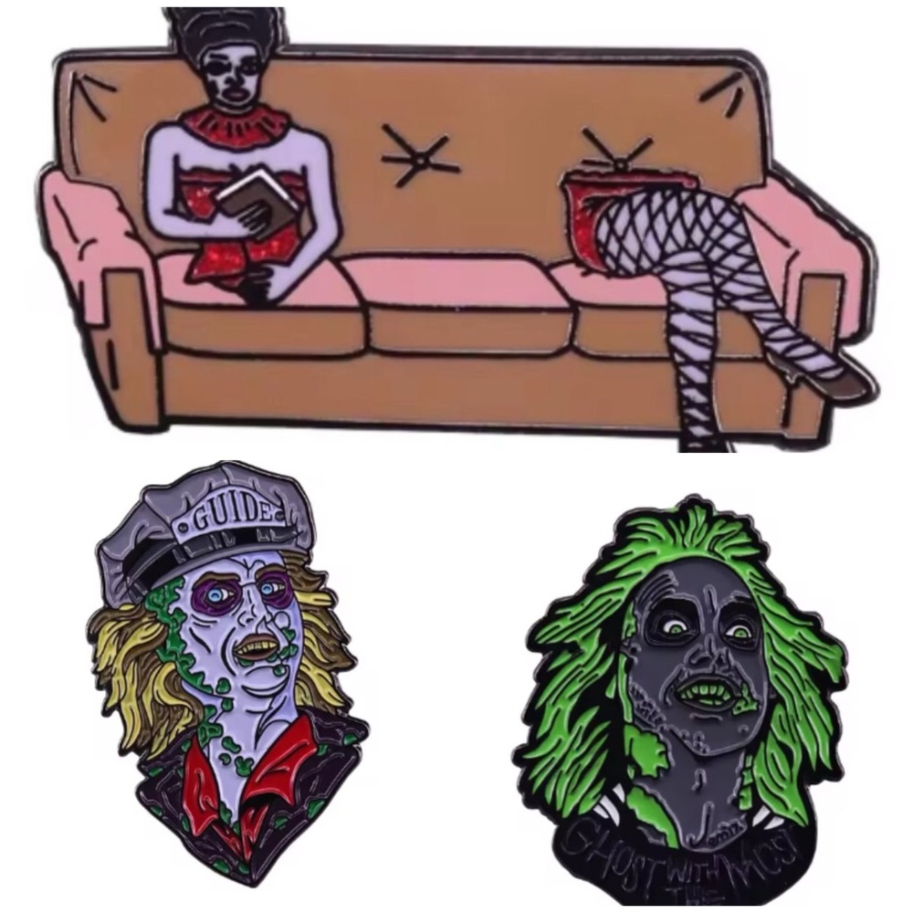 Set of 3 Beetlejuice Pins Brooch Movie Metal Funny Horror Comedy Scary Unisex